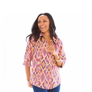 Chico's | 100% Linen Multicolor Geometric Print Button Down Shirt